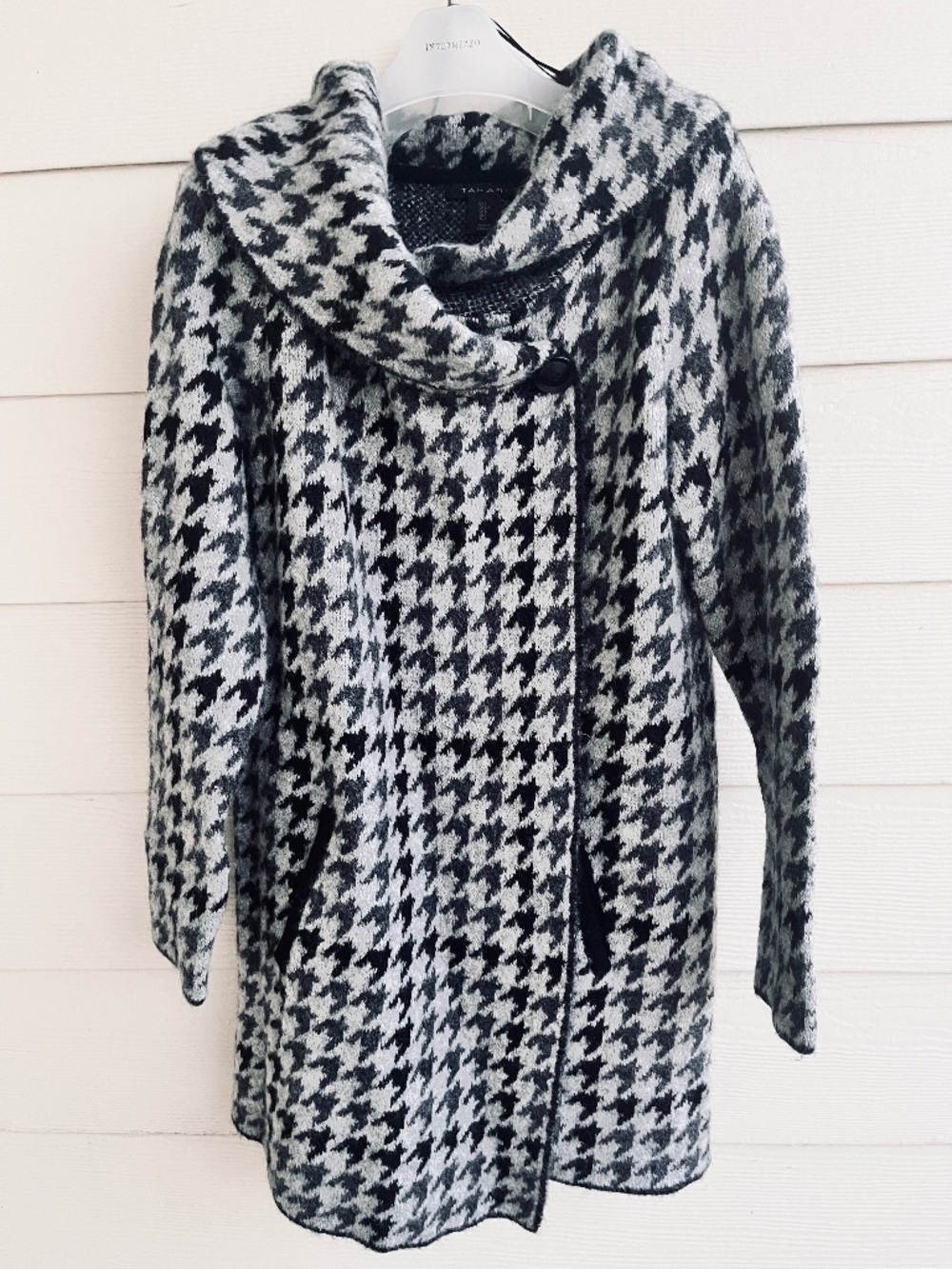 Tahari Womens Coat Sweater Cardigan Wool Blend Houndstooth Cowl Neck Black L